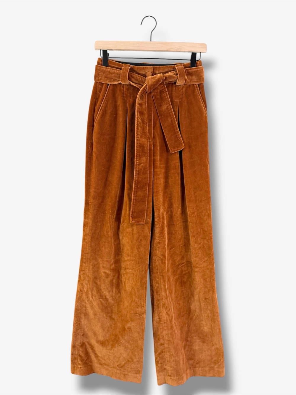 Sézane Caramel Velvet Wide Leg Belted Trousers Size 34 High Rise Pleated Pants
